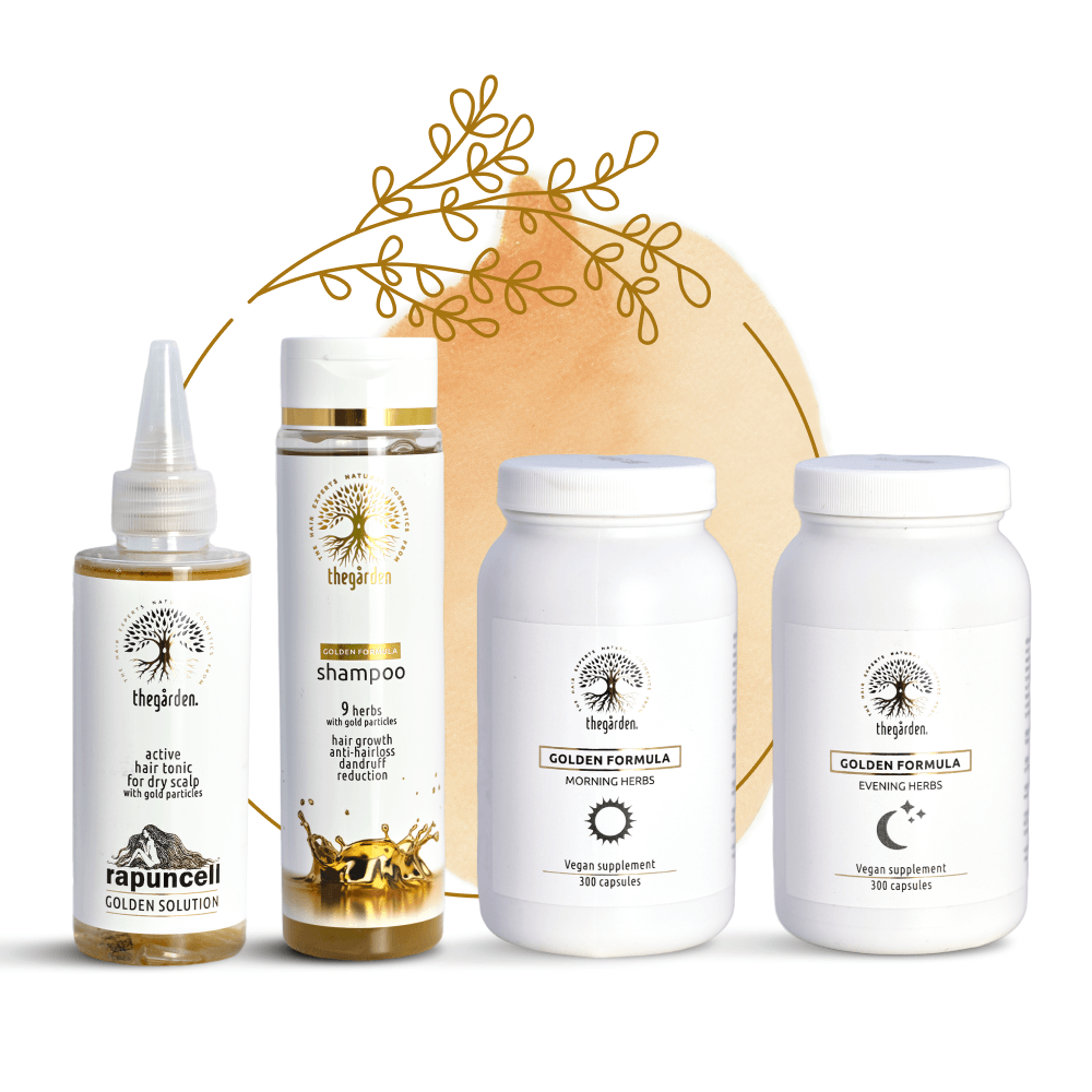 Zestaw promocyjny GOLDEN Herbs Trio - tonik do włosów, szampon i mieszanka ziołowa do skóry tłustej
